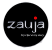 A circular black button badge featuring the brand name 'zauja' in stylized silver lettering with a small red dot above the 'i', and the tagline 'Style for every story' in white below, shown on a plain white background.