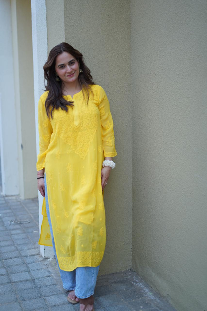 Sunshine Yellow Hand-Embroidered Lucknowi Chikankari Kurti