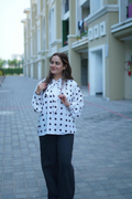 Vintage-Inspired Polka Dot Tie-Neck Blouse
