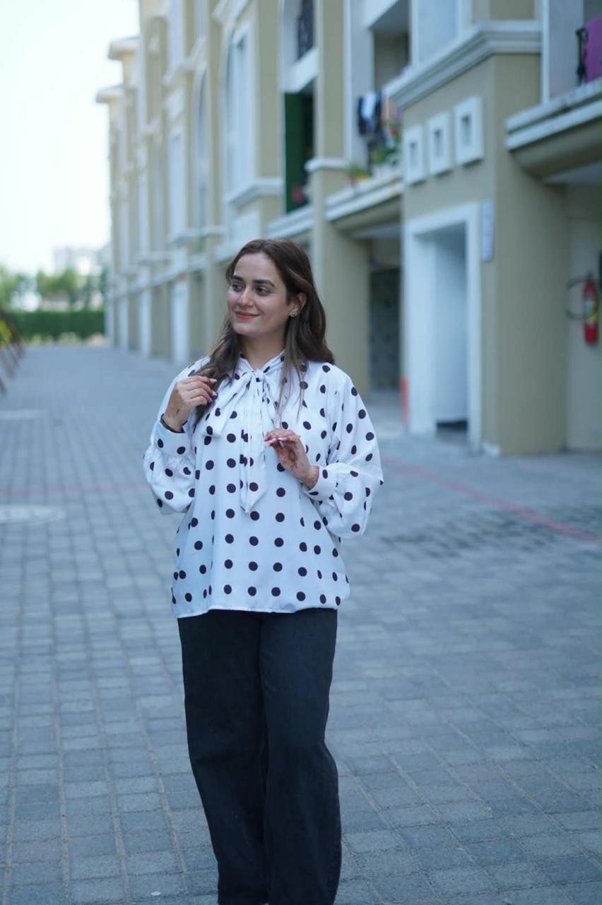 Vintage-Inspired Polka Dot Tie-Neck Blouse